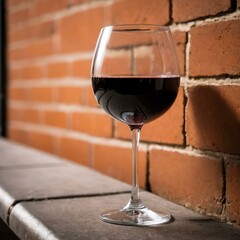 Glass of red wine on a background of a brick wall. Generative AI