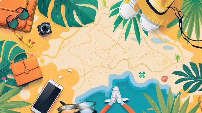 A top view of a travel and tourism concept template ready for summer banners showcases a variety of travel-related designs in vector illustration