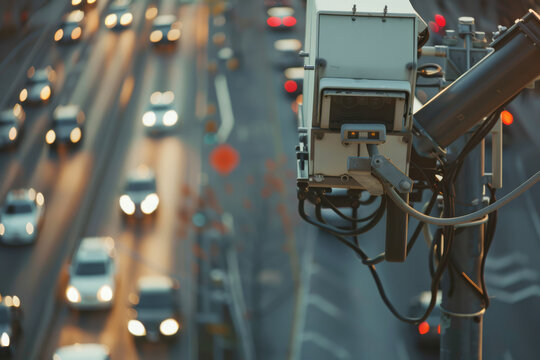 Highway surveillance: Close-up of traffic camera capturing motion-blurred vehicles. Ideal for security, transportation, urban monitoring, and traffic management concepts.