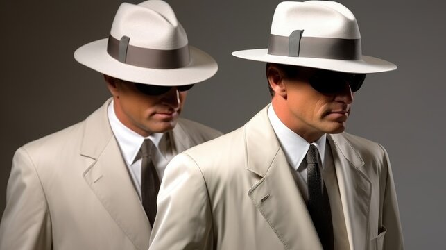 Two men in elegant suits, hats and black sunglasses, concept Quiet Luxury, banner