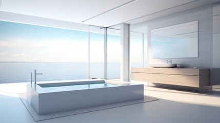 Minimalist contemporary bathroom, featuring a luxurious jacuzzi, large windows and sea views, quiet luxury, banner