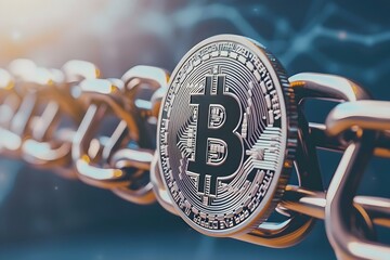 bitcoin against the backdrop of a Blockchain . Concept Cryptocurrency, Bitcoin, Blockchain Technology - obrazy, fototapety, plakaty