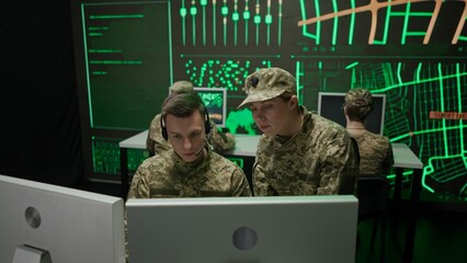 Group of security squad in control center. Military headquarters surveillance officers cyber police...