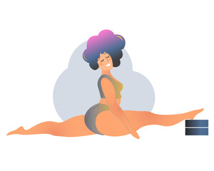 Plus size curvy lady doing yoga class. Vector illustration isolated on white. Online home workout concept. Body positive. Attractive overweight woman.