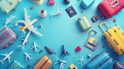 An advertising medium centered on tourism features vector 3D illustrations of luggage, airplanes, and passports, all set against a blue background, highlighting travel and transportation themes - obrazy, fototapety, plakaty