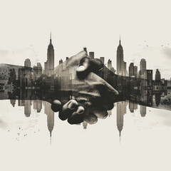 Business handshake, clinch the deal, overlay of New York City skyline in shadow of hands, Business success concept - obrazy, fototapety, plakaty