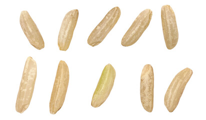 Set brown rice, uncooked and hulled, isolated on white, top view