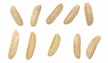 Set brown rice, uncooked and hulled, isolated on white, top view