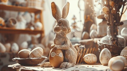 Bunny sculpting Easter eggs from clay, artisan watercolors, side angle, soft studio lighting - obrazy, fototapety, plakaty