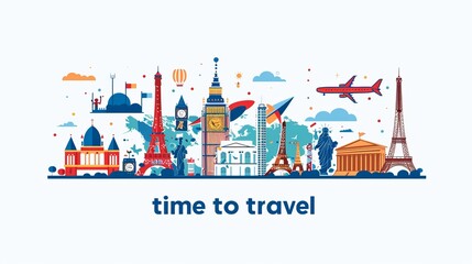 An airplane banner with the theme "time to travel" incorporates buildings and landmarks, illustrating travel around the world in a flat style modern design, set against a white background