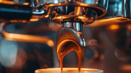 Espresso shot being extracted from a coffee machine, highlighting the beauty of coffee making, suitable for café culture and culinary content. - obrazy, fototapety, plakaty