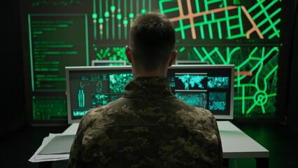 Person security squad in control center. Military headquarters surveillance officer cyber police...