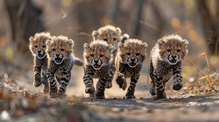 A group of carnivorous cheetah cubs sprinting across the dusty terrain - Powered by Adobe
