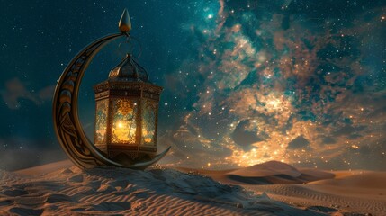 Photo of an ornate lantern resting on a crescent moon sculpture, placed on sand dunes under a starry night sky, with a warm and mystical ambiance, highlighting the theme of Arabian Nights