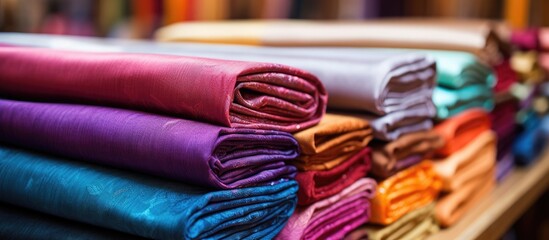 Neatly arranged stack of assorted folded cloths displayed on a wooden shelf in a close-up shot - obrazy, fototapety, plakaty