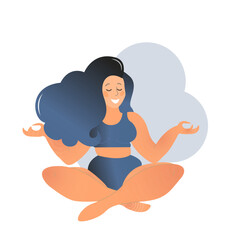 Plus size curvy lady doing yoga class. Vector illustration isolated on white. Online home workout concept. Body positive. Attractive overweight woman.