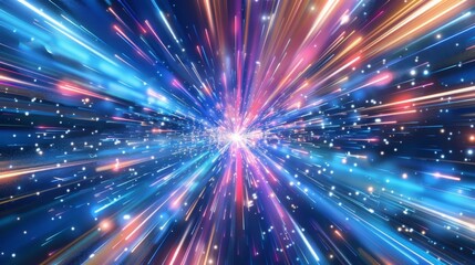 Explosive light burst illustration as dynamic background vivid of glowing energy and abstract space sense of power speed and futuristic design ideal for graphics related to technology science