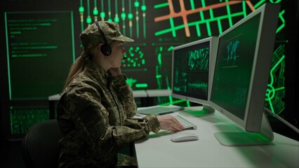 Person security squad in control center. Military headquarters surveillance officer cyber police...