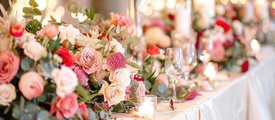 Wedding table decorations and floral arrangements up close