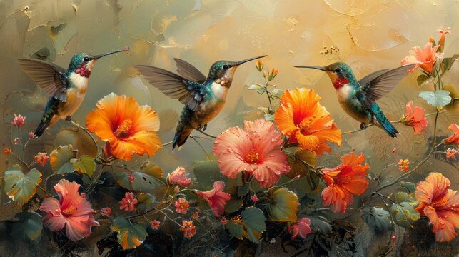 Art depicting three hummingbirds as pollinators flying over blooming flowers