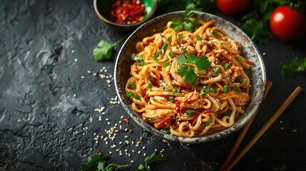 Udon stir-fry noodles with chicken meat and sesame in bowl on dark stone background copy space - obrazy, fototapety, plakaty