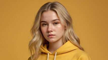 Portrait of a sad young blonde woman with acne