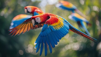 A flock of electric blue parrots with colorful feathers flying in the air
