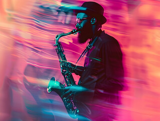 Concept of Passion and Artistry: Dynamic Silhouette of a Saxophonist Immersed in Funky Music, Surrounded by Vibrant Swirls of Pinks, Purples, and Teals, Evoking Energy and Ecstasy