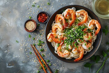 Stir fry noodles with vegetables and shrimps in black bowl. Slate background. Top view. Copy space