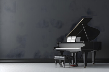 A black grand piano stands against a black wall in a music hall