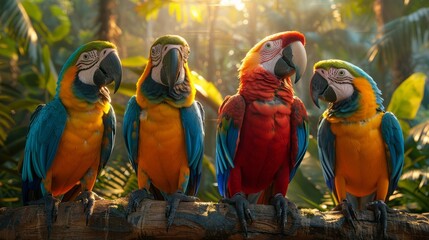Four colorful birds with beaks sitting on a tree branch