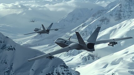 Stealth Combat Drones Gliding in Harmony over Snowy Mountain Peaks: A Peak into Modern Military Reconnaissance - obrazy, fototapety, plakaty