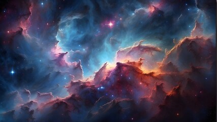 Fototapeta na wymiar Nebula with vibrant space galaxy cloud. Starry, night sky. Astronomy and universe science. Wallpaper with a supernova background