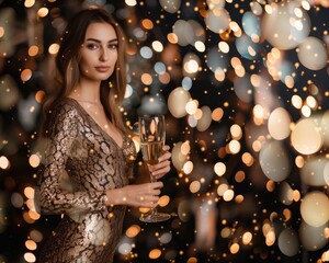 Elegant woman with champagne in a sparkling snake-skin dress, festive bokeh lights, new year celebration