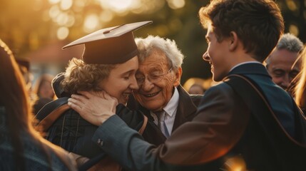 A proud graduate shares a touching moment with an elderly relative, celebrating educational accomplishments.