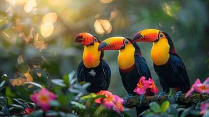 Three colorful toucans perched on a jungle branch