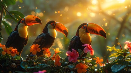 Three toucans on a branch among flowers in a natural landscape