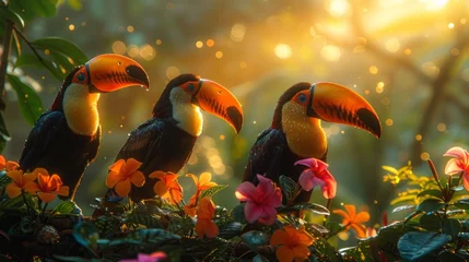 Gordijnen Three toucans on a branch among flowers in a natural landscape © yuchen