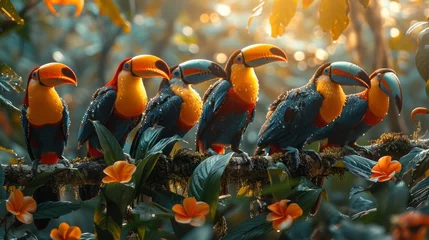 Selbstklebende Fototapeten Group of toucans perched on tree branch in natural landscape © yuchen