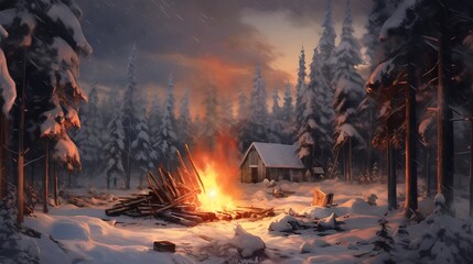 an image that evokes the peaceful yet powerful combination of a crackling fire set against the backdrop of a snow-covered forest - Powered by Adobe