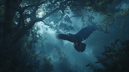 visually stunning 70mm film still featuring an eagle soaring through the moonlit woods, 