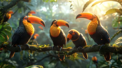 Plexiglas foto achterwand Beautiful toucans with colorful beaks perched on a jungle tree branch © yuchen