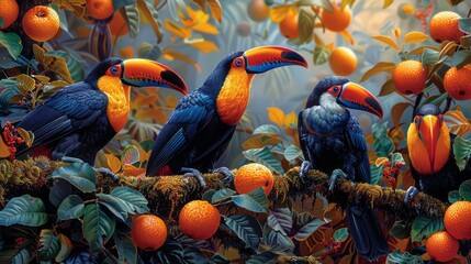 Three toucans sit on a tree branch among oranges in a natural landscape