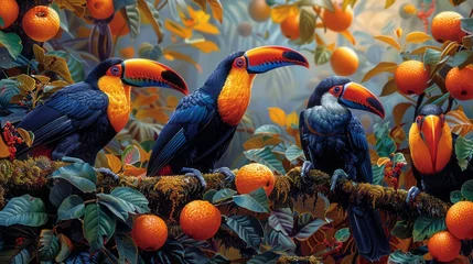 Zelfklevend Fotobehang Three toucans sit on a tree branch among oranges in a natural landscape © yuchen