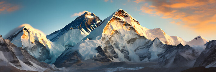 A Majestic Portrait of the Snow-capped Mount Everest Against the Azure Sky - obrazy, fototapety, plakaty