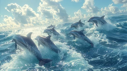 Schilderijen op glas A pod of dolphins leaping gracefully out of the fluid water under a cloudy sky © yuchen
