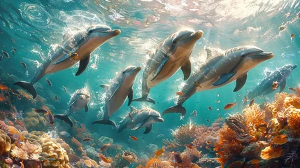 Tuinposter Electric blue dolphins swim near coral reef in underwater marine biology study © yuchen