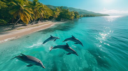 Dolphins gracefully swim in the ocean near a palm treelined beach - obrazy, fototapety, plakaty