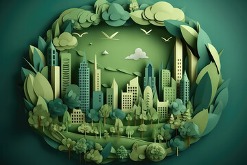Environment concept with green eco city background. Paper art style.