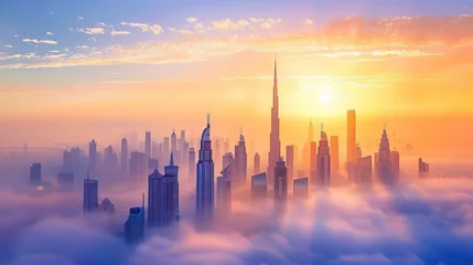 Foto op Plexiglas Dubai's city center skyline is shown at sunrise, featuring its luxurious skyscrapers and highlighting the city's architectural splendor © Orxan